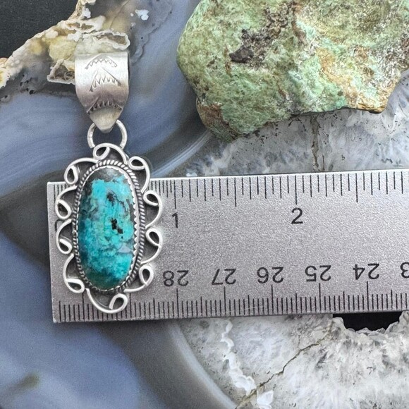 Sterling Silver Southwestern Style Oval Turquoise Decorated Pendant For Women - Picture 9 of 10